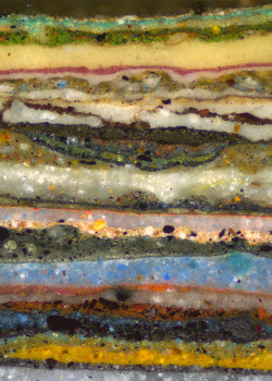 wnycradiolab:   A cross-section of wall paints from an 18th century theater. Each band represents a different coat of paint that was visualized with reflected light microscopy at 100-times magnification. Image by Natasha Loeblich, Colonial Williamsburg