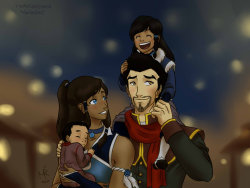 Makorra - family outing by ~RyokoSanBrasil Headcanon time? Headcanon time! Just wanted to draw some older Mako and Korra with their steam babies :3