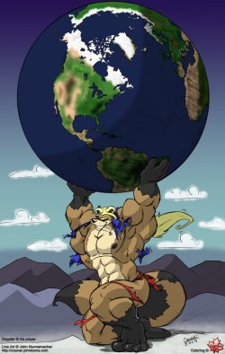 This is a pic Cooner drew for Doppler, with the huge raccoon posing as Atlas. I then colored and shaded it. Doppler is ripped in more ways than one!
