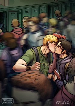 cris-art:  30 Day OTP Challenge Day 05: Kissing A quick kiss in the school hallways just before they head off to their separate classes. I imagine Billy looking around and then grabbing Teddy’s shirt. Teddy understands and lifts his notebook up to