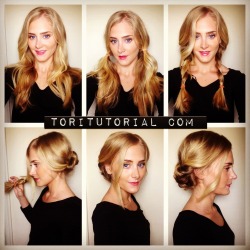 toritutorial:  Messy Braided Updo 1) Start with 2 day old hair that has some texture. 2) Separate your hair into pigtails. 3) Loosely braid each side.  To make it even looser/chunky pull apart braid when you are done. 4) Pull one braid up and fasted