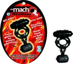 Macho Cock and Ball Ring W/Clit Tickler Super stretchy cock and ball ring Dual vibrating bullets Twin motors Waterproof 