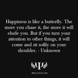psych-facts:  Happiness is like a butterfly. The more you chase it, the more it will elude you. But if you turn your attention to other things, it will come and sit softly on your shoulder. -Henry David Thoreau More Inspirational Quotes To Get You Through
