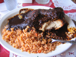 mexicanfoodporn:  ALERT: HARDCORE MEXICANFOODPORN!!!! Pollo bañado en Mole Oaxaqueño y acompañado con arroz de tomate Chicken with Oaxacan Mole and tomato rice