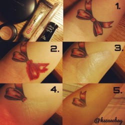 the-grand-fangirl:  cosplaytipsandtricks:  homestuckresources:  kcaacbay:  How to cover up tattoos! use a red lipstick covering the outlines pat on a light concealer, using a setting powder pat on your skin tone concealer, and clean up any mistakes using