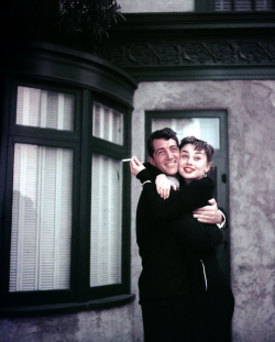  Dean Martin and Audrey Hepburn enjoy a friendly hug on the set of Sabrina, 1953.  