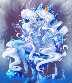 darthfranny:  laurangeblossom:  “Ice Queen sitting on her ice throne with her long white hair covering the goodies.”I livestreamed this for a few /co/ folk, i got stage fright, and i think it didn’t turn out as well as it could have. haha.oh nerves~