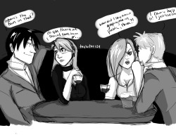 colonel-dorkface:  taylortot124:  Well, this double date is going as well as one could expect at least … lol i know its so far outside the realm of possibilities, but it was fun to make :) Besides, you guys know how much I ship royai and havier  ahaha