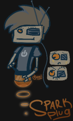 divreel:  trying to get back into makin’ characters. his name is sparkplug and his head is a radio. he sparks when he gets emotional. 