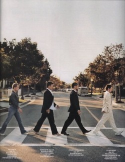 The Hobbits recreate the famous Abbey Road photograph by The Beatles (Billy Boyd, Sean Astin, Dominic Monaghan, Elijah Wood)