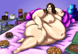 ray-norr:  My half of an art-trade on DeviantArt.   The recipient wanted a nude of herself, very fat, and surrounded by tasty treats. 