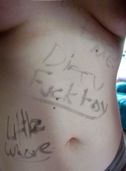 avaraptor:  Daddy wrote nasty things all over me before raping my babygirl pussy. My tummy still says â€˜dirty fucktoy, little whore, beat me, rape me, and drippyâ€™  Excellent body writing, and a new word for the collection: &ldquo;Drippy&rdquo;!