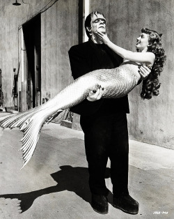  Ann Blyth in costume for Mr. Peabody and the Mermaid and Glenn Strange in costume for Abbott &amp; Costello Meet Frankenstein, 1948 
