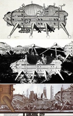 n-architektur:  The Walking City Ron Herron, 1964 “In an article in avant-garde architecture journal Archigram, Ron Herron proposed building massive mobile robotic structures, with their own intelligence, that could freely roam the world, moving to