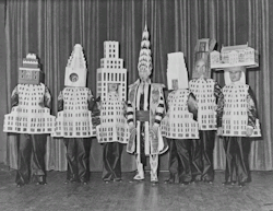 Famous architects dressed as their buildings at the Society of Beaux-Arts Architects annual ball. New York. 1931