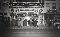 A vintage photo from 1942 shows crowds forming in front of the ‘GAYETY Theatre’ on Ninth Street, in Washington, DC.. As can be seen on the marquee,&ndash; Stella Mills (aka. &ldquo;The Dresden Doll&rdquo; ) is listed as the week’s Featured Attraction..