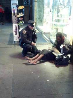 lumineon:  zombridiaries:  whatifeverythingisadream-deacti: This NYC cop saw a homeless man outside of the shoe store, knowing the weather was cold and getting worse he went inside to buy a pair of boots for the man.This cop deserves some respect.  This