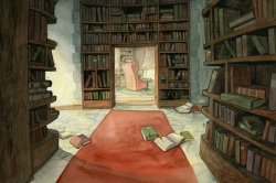 bibliolectors:  In library / En la biblioteca (ilustración de Dawn Elaine Darkwood) 