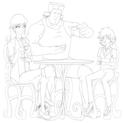 WIP of the next Ask-Tavi update! This was slightly more ambitious than i thought. I spent a good part of the day studying pictures of Alex Armstrong and Zangeif to figure out how to draw Roids pony. This will probably take a while to color, but I&rsquo;ll