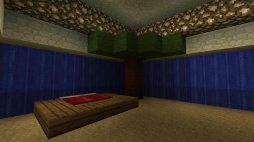 This is my luxury private beach suite. It’s underground,underneath my diamond castle which happens to be underwater.The ceiling is sandstone, with the floor being sand and a palm tree made of wool. The hallway leading up to this private suite is