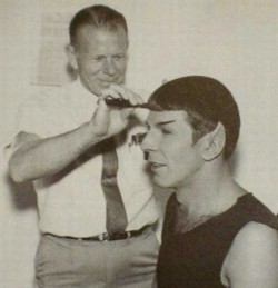 Watch the ears (Leonard Nimoy has his hair trimmed for his role as Mr. Spock in the original Star Trek television series)