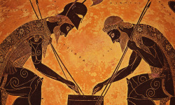 ancientart:  Attic amphora by Exekias depicting Achilles and Ajax playing a game during the Trojan War, circa 530 BC. Courtesy &amp; currently located at the Vatican Museums, Rome. 