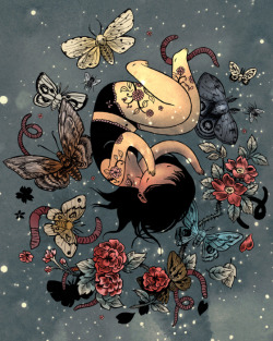 carbonmade:  Tattooed moth girls, girls gone to kitty heaven and girls riding dragon beasts in their underpants. It seems there’s nothing the simple, sweet-faced gals drawn by Stasia Burrington can’t do. They are all part of an ongoing series of doodles